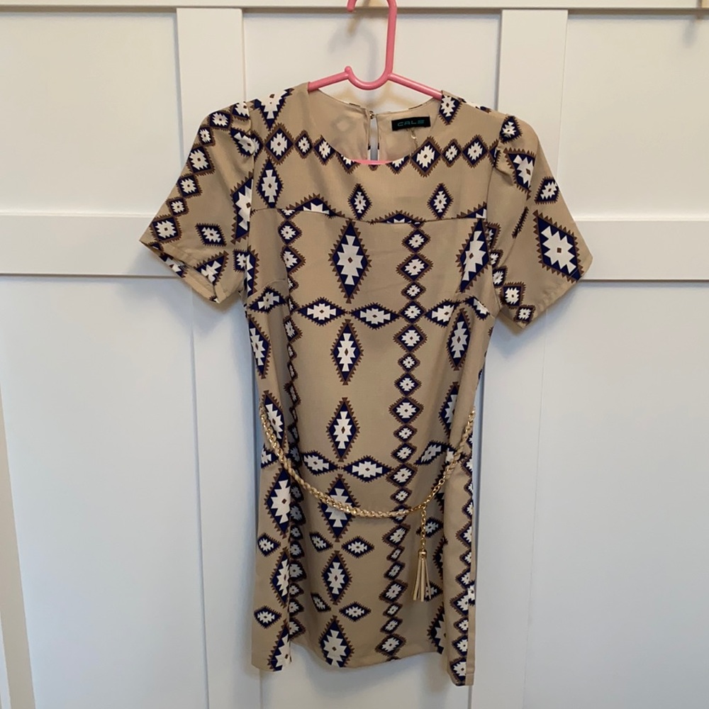 Tan dress with blue accents/belt